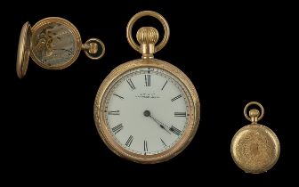Gold Plated Open Faced Waltham Pocket Watch, white porcelain dial with Roman numerals, movement