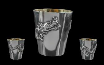 Chinese Export Excellent Quality Single Dragon Silver Tot Cup, Gilt Interior with Entwined 3 Claw