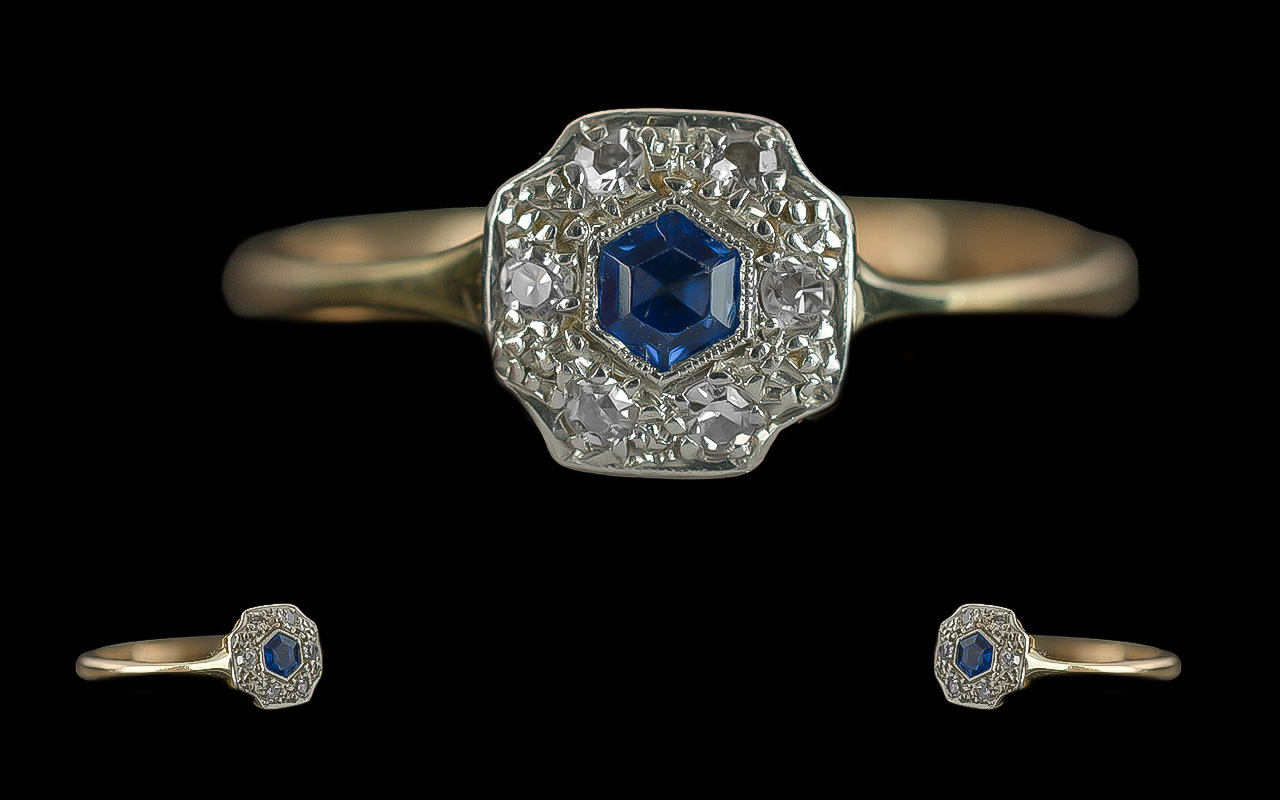 Antique Period - Exquisite 18ct Gold Sapphire and Diamond Set Ring, Pleasing Form, Marked 18ct to