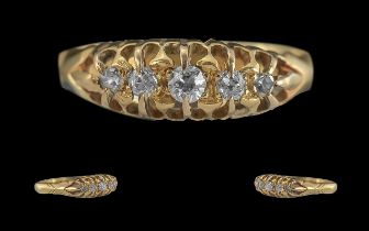 Antique Period - Attractive 18ct Gold 5 Stone Diamond Set Ring, Gallery Setting. Full Hallmark to