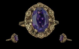 Ladies Attractive 9ct Gold Single Stone Amethyst Set Ring, Ornate Shank. The Faceted Amethyst of