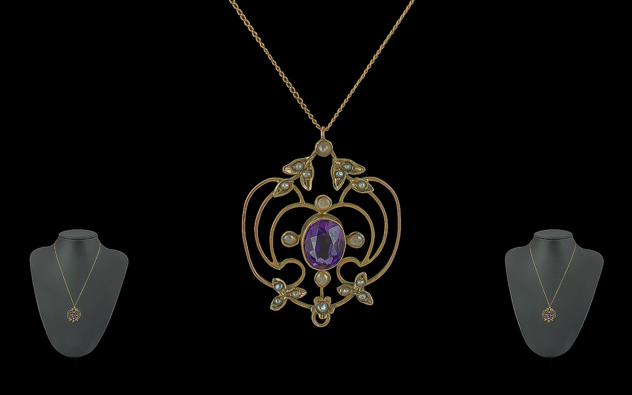 Edwardian Period 1901 - 1910 Ladies Pleasing 9ct Gold Open Work Pendant Set With Amethysts and