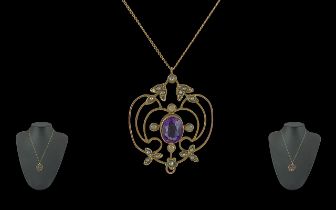 Edwardian Period 1901 - 1910 Ladies Pleasing 9ct Gold Open Work Pendant Set With Amethysts and