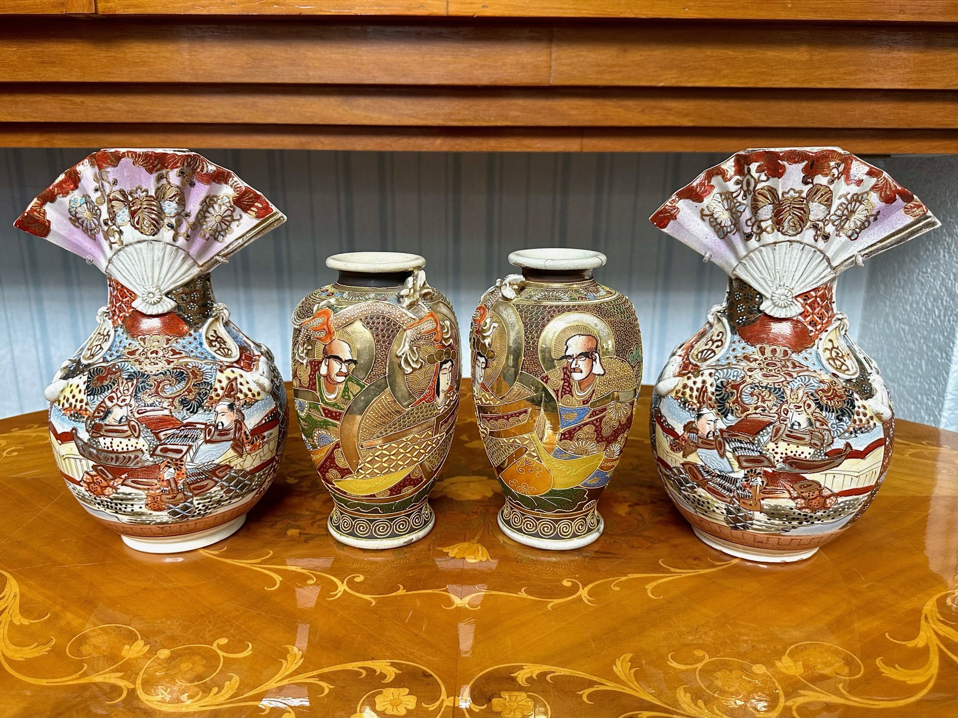 Two Satsuma Vases, together with two Japanese vases depicting figures. Tallest 10''. As found.