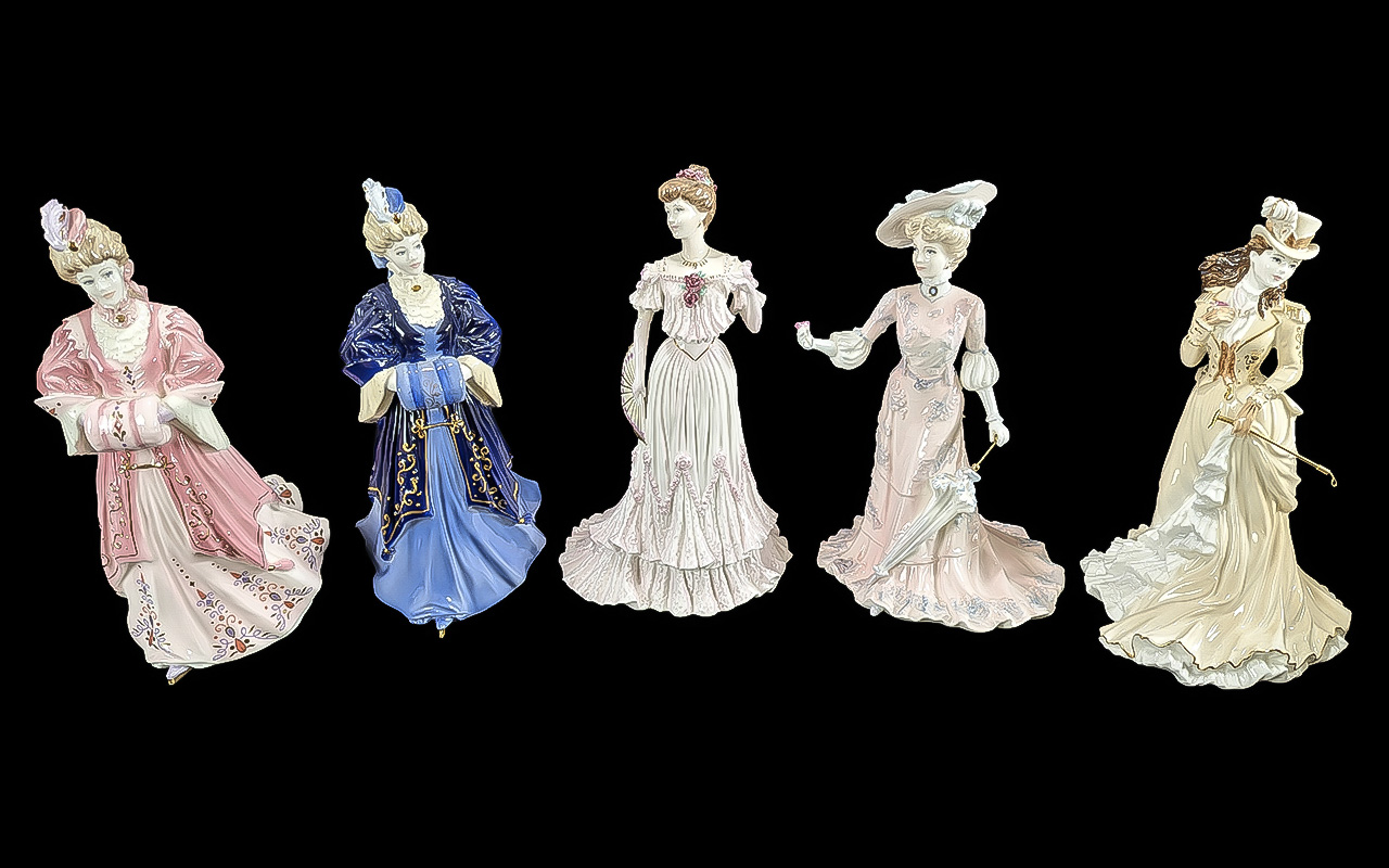 Five Coalport Figures, comprising Lady Rose, two Lady Harriet, Lady Frances, and Helen Riding in