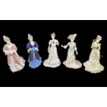 Five Coalport Figures, comprising Lady Rose, two Lady Harriet, Lady Frances, and Helen Riding in