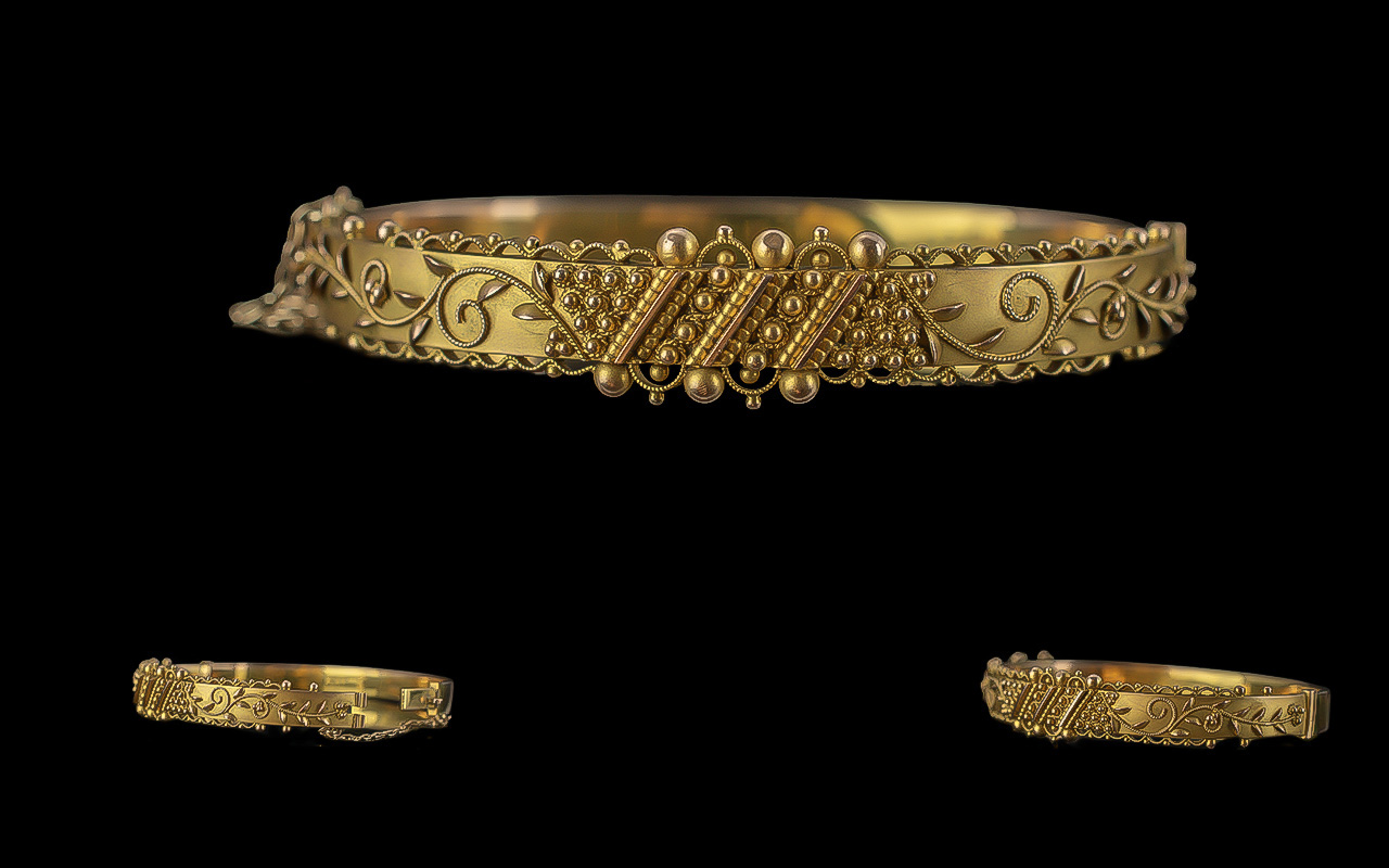 Edwardian Period Ladies - 9ct Gold Ornate Hinged Bangle with Safety Chain. Marked 9.375. With