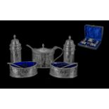 Edwardian Period Excellent Quality Boxed ( 8 ) Piece Sterling Silver Cruet Set, With Blue Velvet