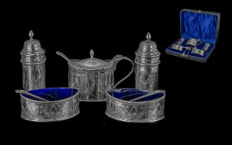 Edwardian Period Excellent Quality Boxed ( 8 ) Piece Sterling Silver Cruet Set, With Blue Velvet
