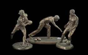 Three Sporting Figures, copper bronze effect finish, Footbalaler, Crown Green Bowler, and Rugby