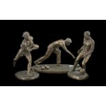 Three Sporting Figures, copper bronze effect finish, Footbalaler, Crown Green Bowler, and Rugby