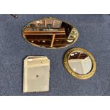 Three Vintage Mirrors, comprising an oval mirror 29'' wide x 21'' high with decorative finial, a