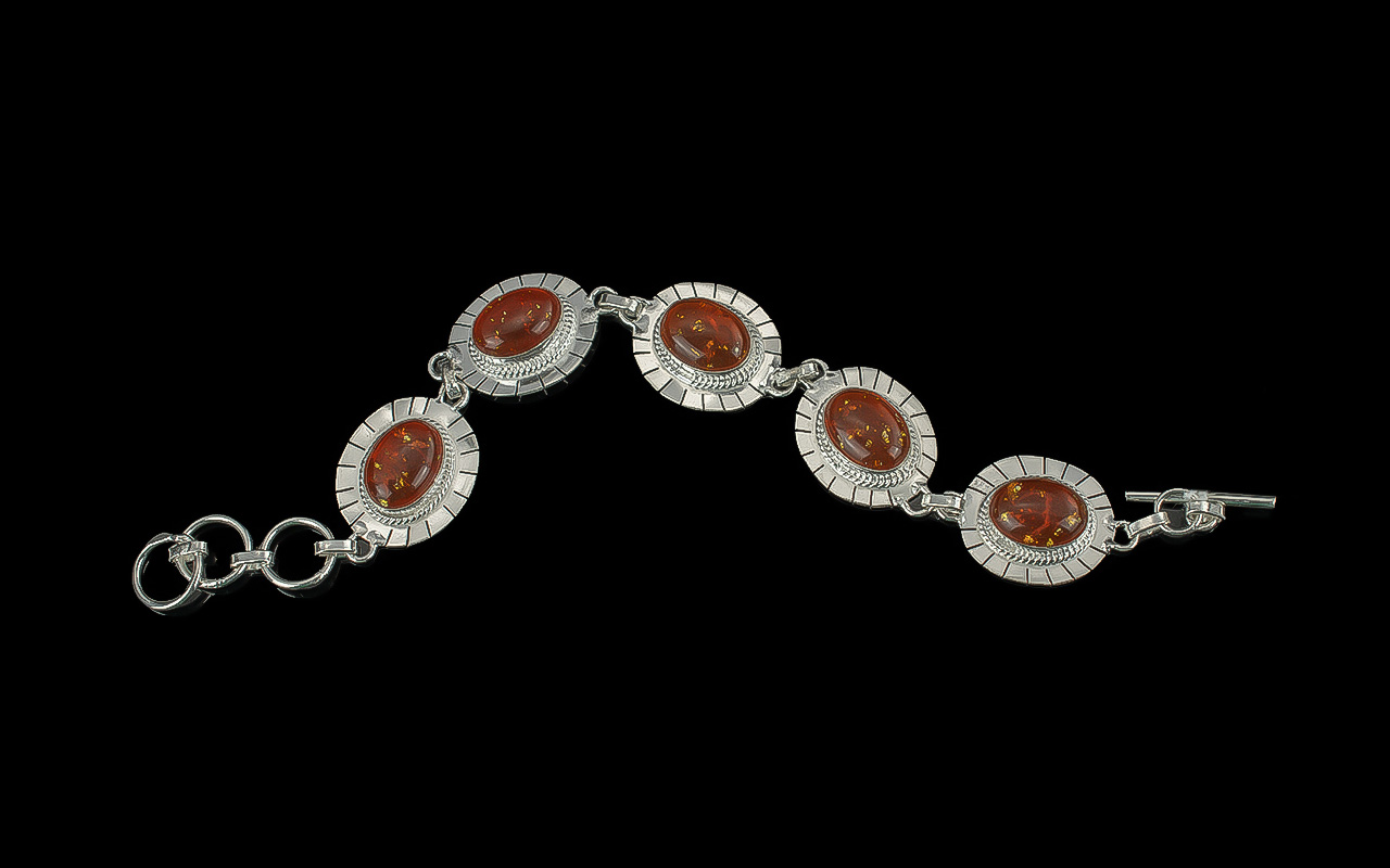 Silver Bracelet Set with Five Amber Stones, marked 925.