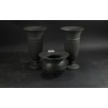 Wedgwood Black Basalt Pair of Vases, traditional style 10'' tall, together with a ball shaped vase.