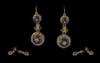 Georgian - 18ct Gold Pair of Ornate Drop Earrings. c.1820's. Set with Amethyst and Seed Pearl. Not