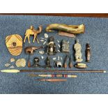 Collection of Tribal Items, including a finger piano, flint axe head, horn, carved figures, bone