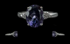 Ladies 9ct White Gold Diamond and Amethyst Set Dress Ring, full hallmark to interior of shank, the