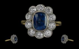 Ladies - Stunning 18ct Gold Blue Sapphire and Diamond Set Oval Cluster Ring. Full Hallmark to