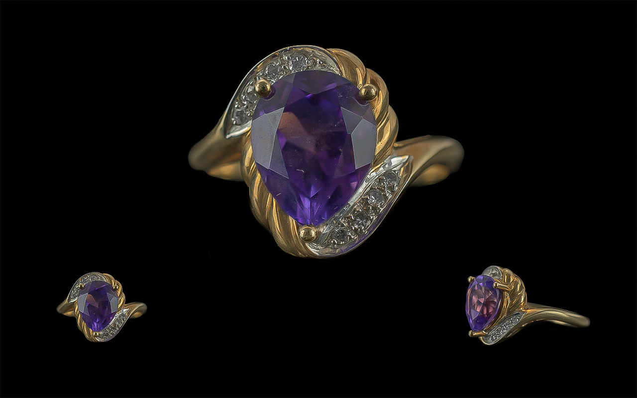 Ladies - Attractive 9ct Gold Amethyst and Diamond Set Ring. Full Hallmark to Interior of Shank.