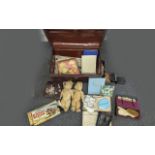 Large Metal Chest containing collectibles, including two vintage teddy bears, a pair of