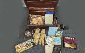 Large Metal Chest containing collectibles, including two vintage teddy bears, a pair of