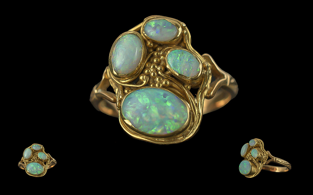 Antique Period Ladies Attractive 18ct Gold Opal Set Ring of Pleasing Design / Form. Marked 18ct to