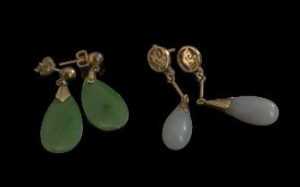 Pair of 14ct Gold Lilac Jade Drop Earrings. For pierced ears, approx. drop 1.75''. Together with a