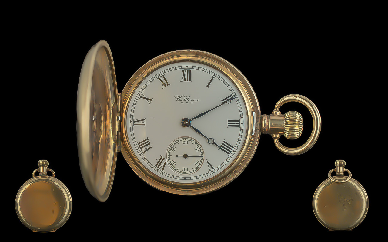 Waltham American Gold Plated Pocket Watch, full Hunter, white porcelain dial, Roman numerals,