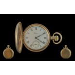 Waltham American Gold Plated Pocket Watch, full Hunter, white porcelain dial, Roman numerals,