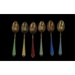 An Excellent 1920's Boxed Set of Six Sterling Silver and Enamel Harlequin Set Coffee Spoons. All