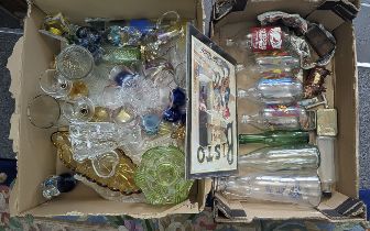 Two Boxes Containing a Quantity of Glass, including advertising bottles, glasses, coloured glass,
