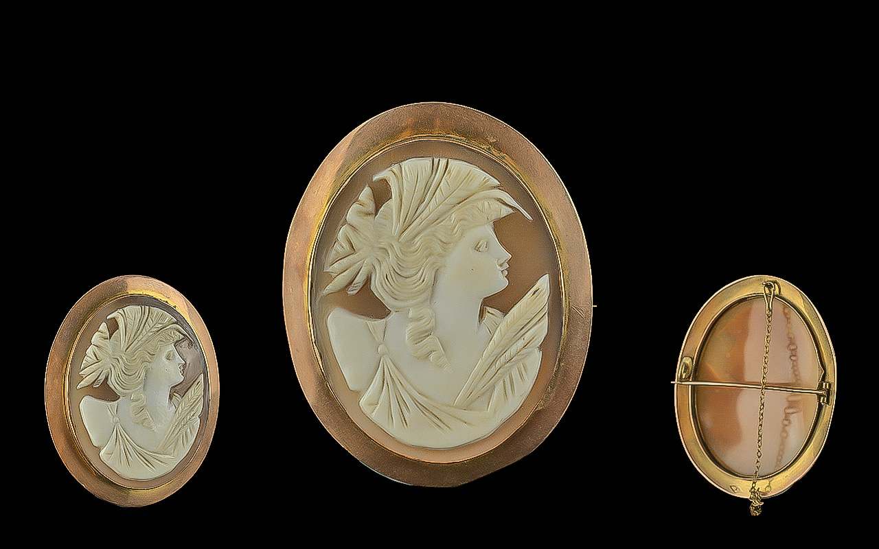 A Large and Impressive 9ct Gold Framed Cameo Brooch with Safety Chain. c.1950's. The Central Oval