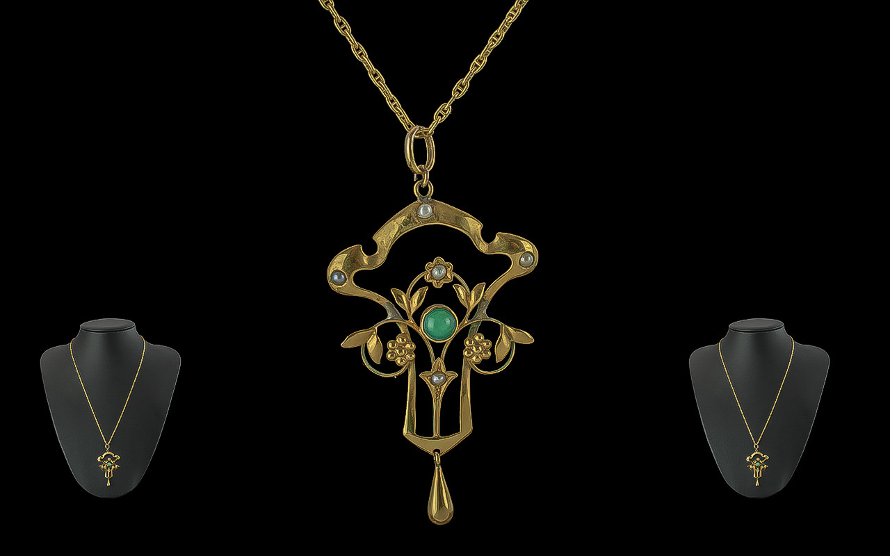 Art Nouveau Stylish 9ct Gold Open Worked Pendant Set with Turquoise and Seed Pearls with 9ct Gold