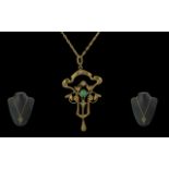 Art Nouveau Stylish 9ct Gold Open Worked Pendant Set with Turquoise and Seed Pearls with 9ct Gold