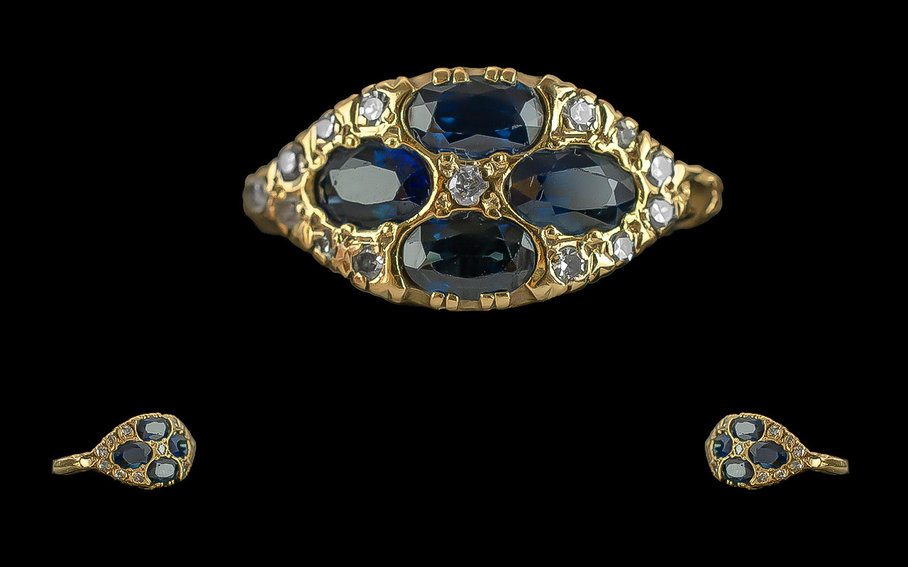 Antique Period - Pleasing Ladies 18ct Gold Sapphire and Diamond Set Ring. c.1890's. Marked 18ct to