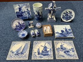 Collection of Delft Dutch Blue & White Pottery, including a large windmill, vase, clogs, trinket