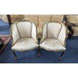 Pair of French Style Salon Tub Chairs, gilt painted frame, cream damask upholstery.