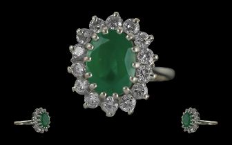 Ladies - Pleasing Quality 18ct White Gold Emerald and Diamond Set Cluster Ring.