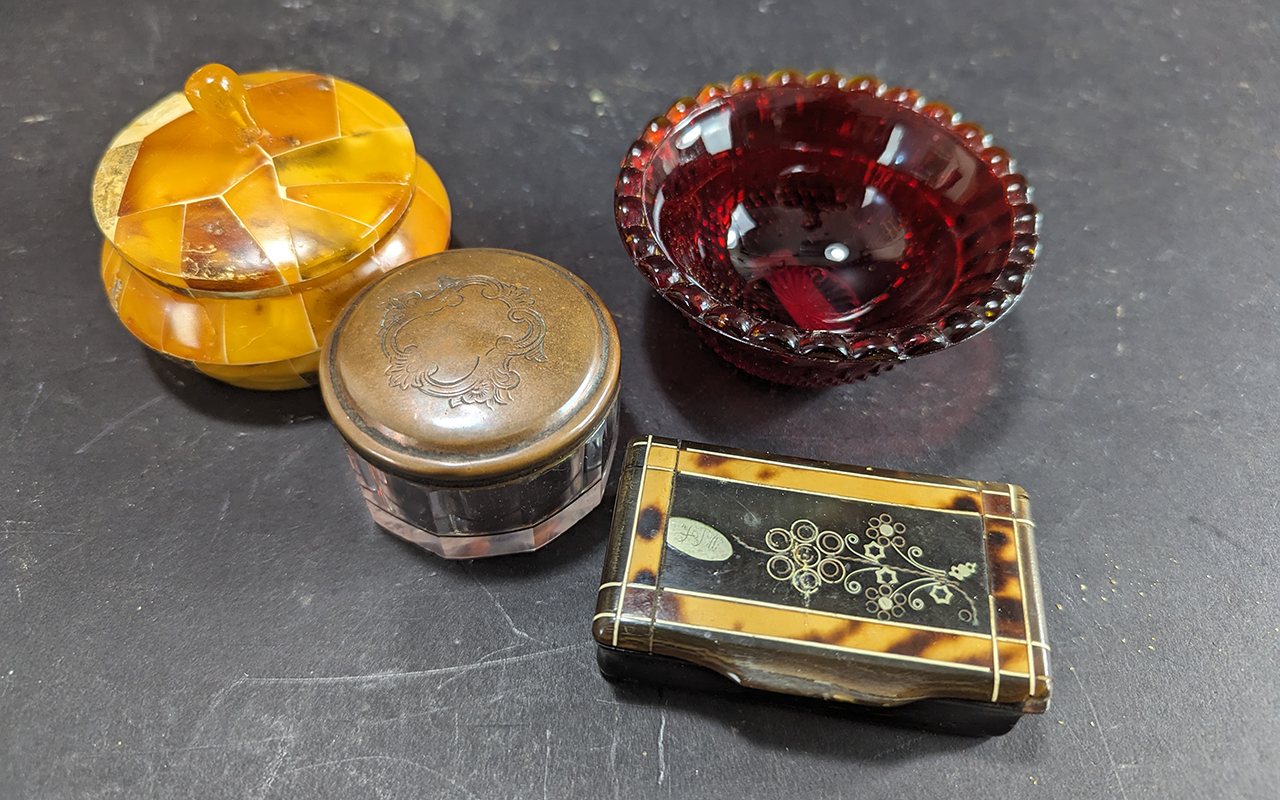 Collection of ( 4 ) Small Trinket Boxes / Jars. Various Shapes and Colours, Interesting Lot.