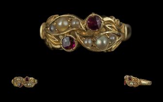 Antique Period - Exquisite Ladies 18ct Gold Ruby and Seed Pearl Set Ring, Pleasing Form / Design.