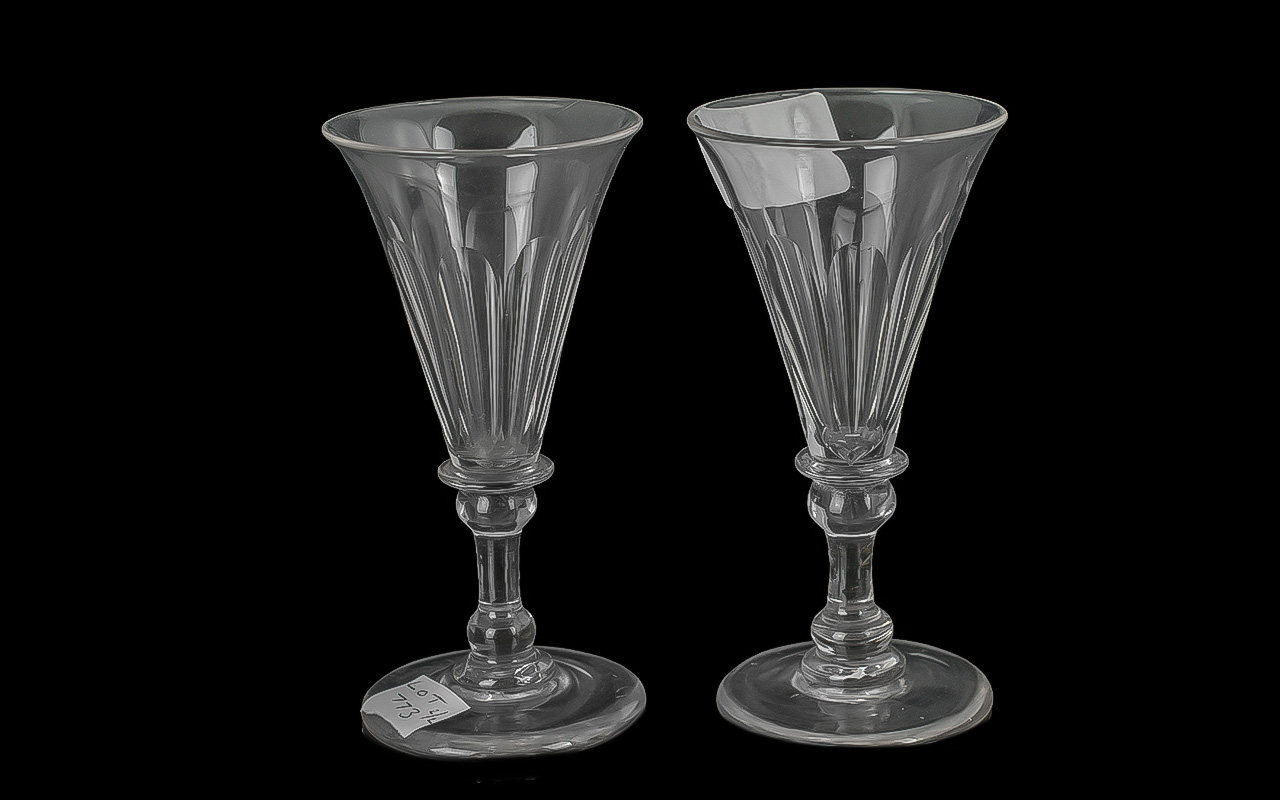 Two Georgian Wine Glasses, ovoid bowls with vertical flutes, folded foot.
