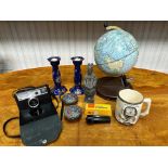 Box of Miscellaneous, including a small globe, Kang'he blue candlestick, oriental figure, two