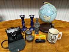 Box of Miscellaneous, including a small globe, Kang'he blue candlestick, oriental figure, two