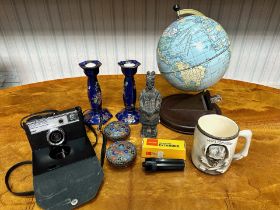Box of Miscellaneous, including a small globe, Kang'he blue candlestick, oriental figure, two