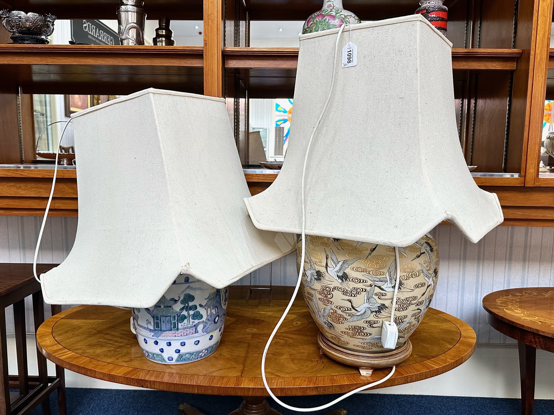 Two Oriental Style Table Lamps, one with crane decoration and the other formed as a barrel shaped