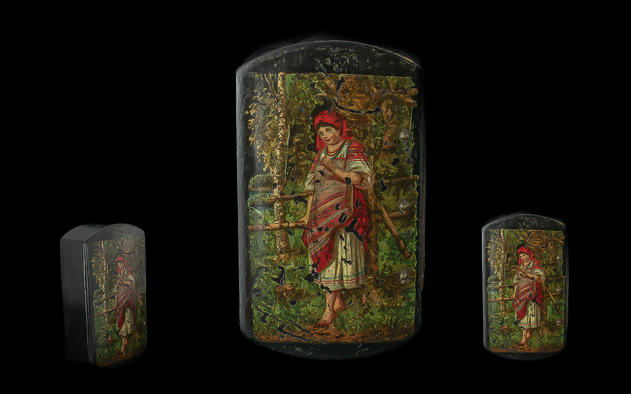 19th Century Black Lacquered Snuff Box with brass hinges, hand-painted with an image of a