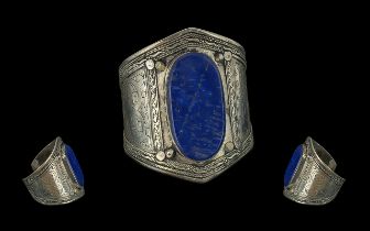 Large Lapis Cuff, 800 white metal. Large oval Lapis set in wide white metal bangle decorated with