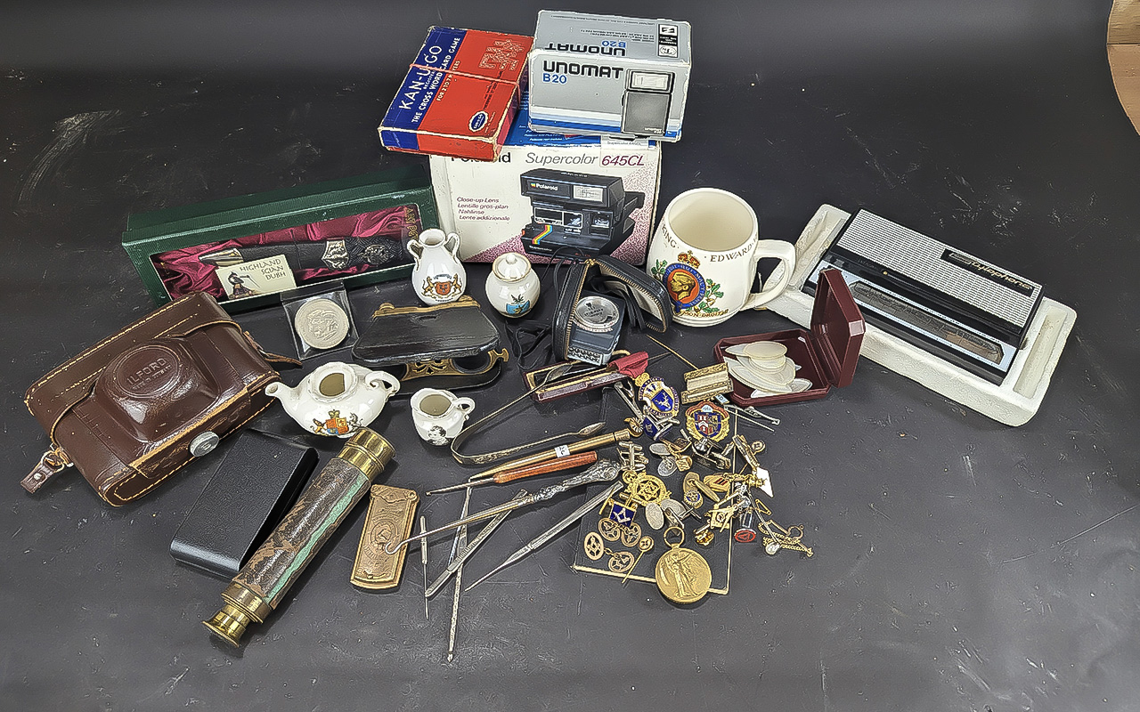 Box of Assorted Collectibles, comprising a Polaroid Supercolour 645CL camera, an Ilford camera,