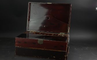 20th Century Oriental Lacquered Stationery Box, hinged lid with fold over velvet writing slope,