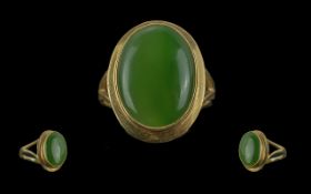 Antique Period 18ct Gold Single Stone Cabochon Cut Spinach Jade Set Ring. Gold Marks to Interior